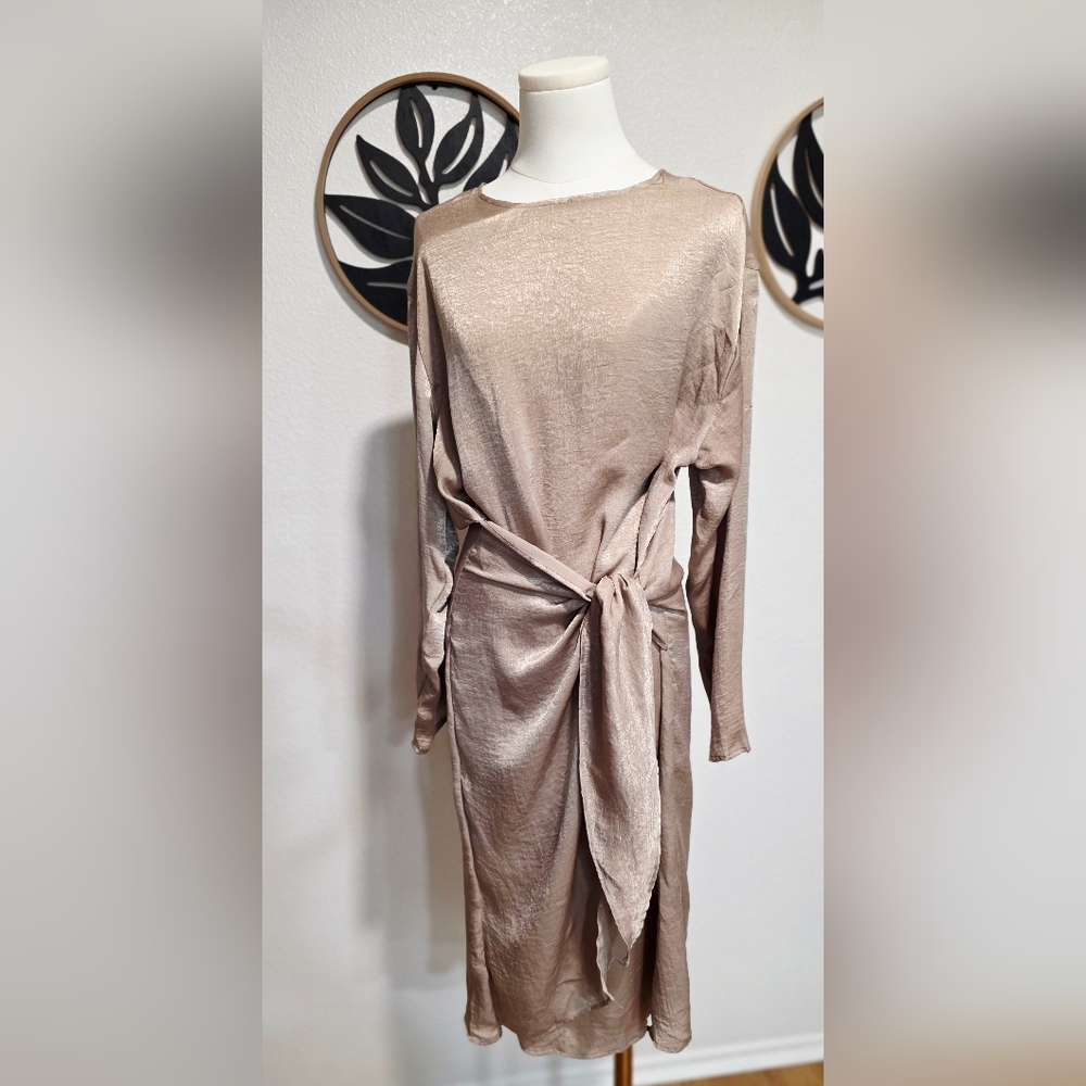 Go Couture Shimmering Beige Long-Sleeve Dress